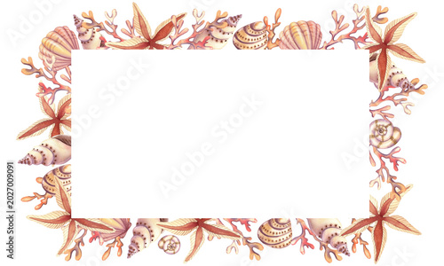 Foto Watercolor rectangular frame with seashell spirals and stars, isolated