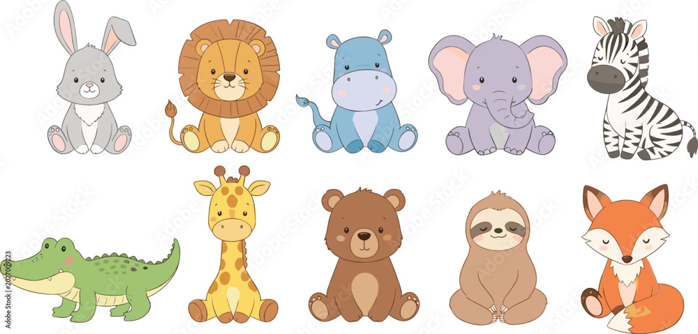 Obraz premium Cute safari and woodland animal cartoon vector illustration set featuring lion elephant zebra fox bear rabbit and jungle creatures in flat style isolated
