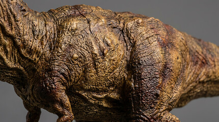 Close-up of a realistic Tyrannosaurus Rex scale texture replica showing intricate, ancient skin detail.