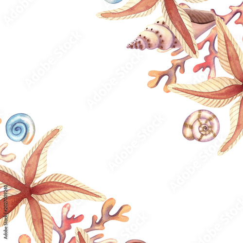 Schilderij op canvas Watercolor square frame with seashell spirals and starfish, isolated