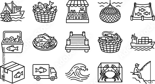 Foto Fish seafood boat truck wave fishing line crab box plate cooler dock icons