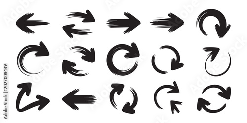 Dynamic motion brush stroke arrow set with fast movement effects and circular rotation symbols.