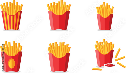 Foto French fries vector illustration set featuring crispy fast food potato snacks in