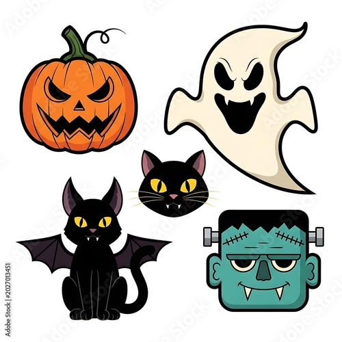 Spooky Halloween characters in a playful, illustrative style for festive decoration
