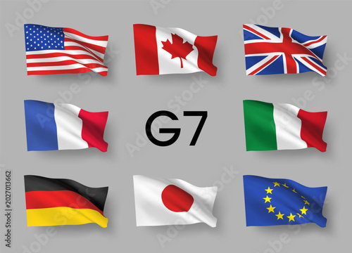 A set of 8 vector flag icons of G7 countries with shadows, isolated on grey background. 3D styled design elements from world collection created using gradient mesh