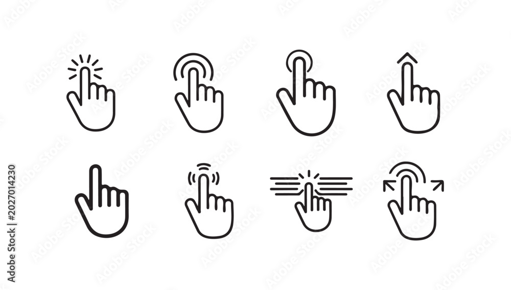 Fototapeta premium Various touch gesture vector icons showing hand tapping swiping and pinching on transparent layer.