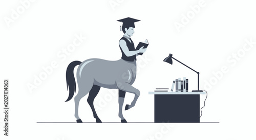 Foto Centaur student reading book at desk with graduation cap and lamp
