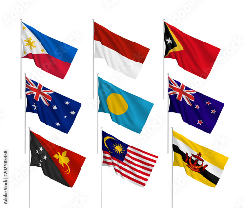 A set of 9 vector flags of Australasian countries, with metallic flagpole, isolated on white background. 3D wavy design elements from world collection created using gradient mesh