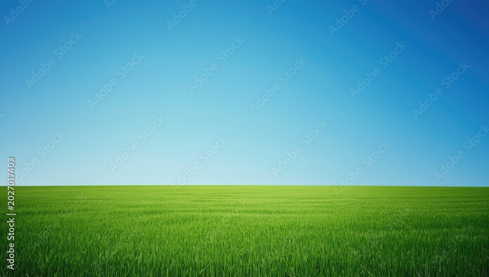 Fototapeta premium Broad stretch of green grassland and clear blue sky in a fresh spring environment