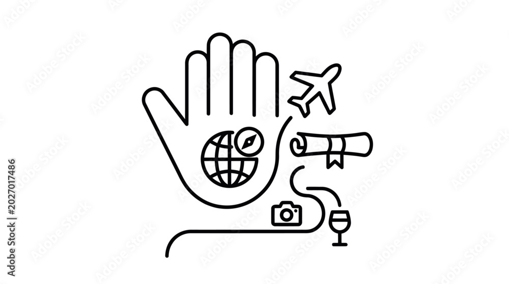 Obraz premium Hand holding travel icons: globe, airplane, camera, scroll, wine glass
