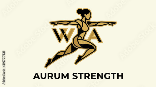 Billede på lærred Golden Silhouette of Woman in Yoga Pose with Aurum Strength Text