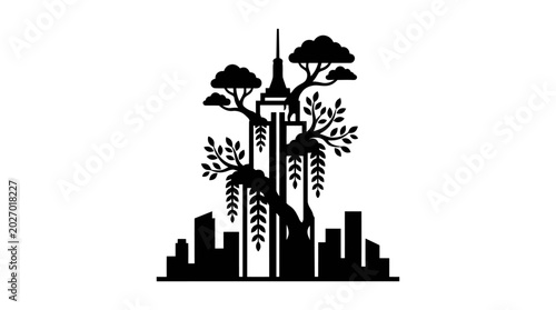 Картината върху платно Urban nature fusion: skyscraper with flourishing tree branches and clouds silhou