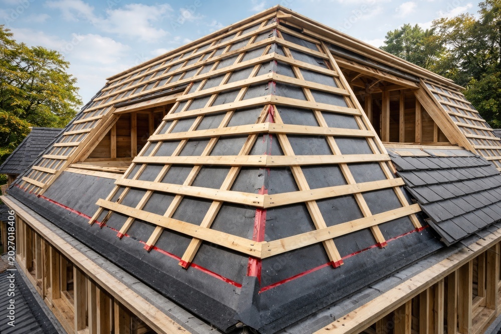 Fototapeta premium Mansard roof assembly with damp proof vapor barrier and timber battens set for roofing tiles
