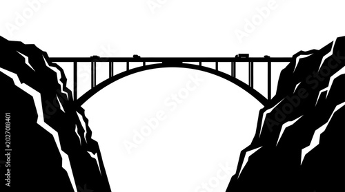 Schilderij op canvas Arch bridge spanning a canyon, connecting two rocky cliffs, silhouette graphic