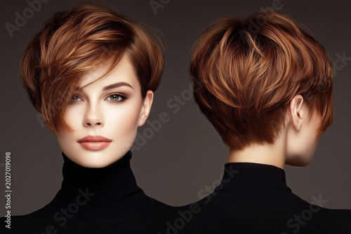 Modern auburn pixie haircut, layered texture and side swept bangs, front and back, hair salon portrait on dark background.