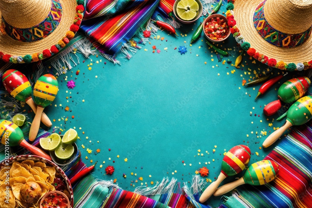 Fototapeta premium Cinco de Mayo party layout with colorful maracas sombrero hats and serape on striking turquoise background with copy space