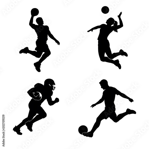 Silhouette of soccer players in action with football showing team sport, running, jumping and kicking in a vector illustration