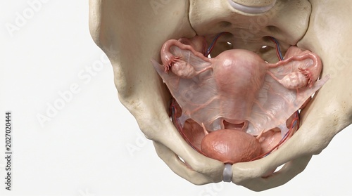 Detailed anterior view of human female reproductive organs within the pelvis