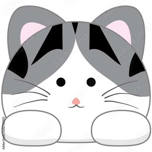 A cute cartoon cat face with big black eyes, pink nose and grey ears peeks out.