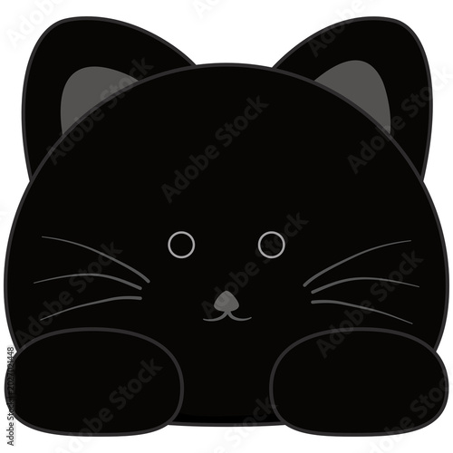 A cartoon black cat peeks out with wide eyes and whiskers, its paws resting forward, embodying a playful and cute animal character.