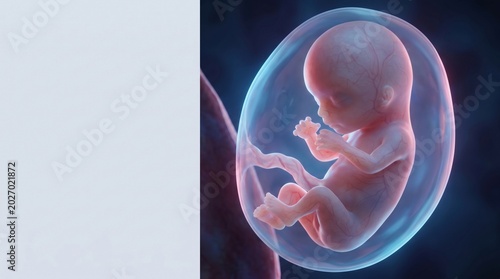 Fetus developing in amniotic sac detailed 3D render showing human gestation