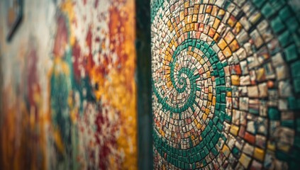 artistic mosaic wallpaper composed of vivid paint splashes and textured abstract design with green tie dye accents