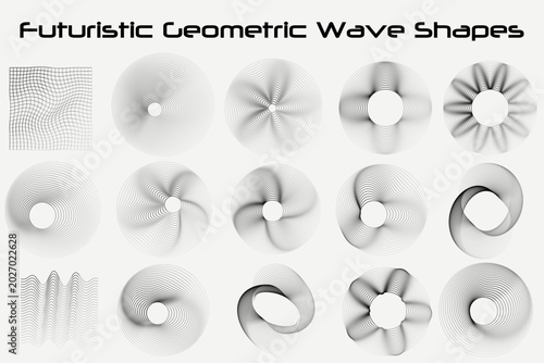 Minimal abstract line art vector icon collection featuring futuristic geometric wave shapes, modern fluid curves, dynamic linear elements, clean minimal symbols, sci-fi inspired motion graphics, and e