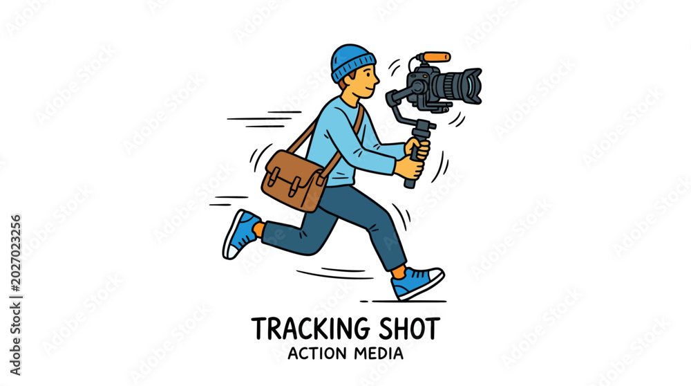 Naklejka premium Cartoon illustration of a cameraman running with camera equipment tracking shot action media