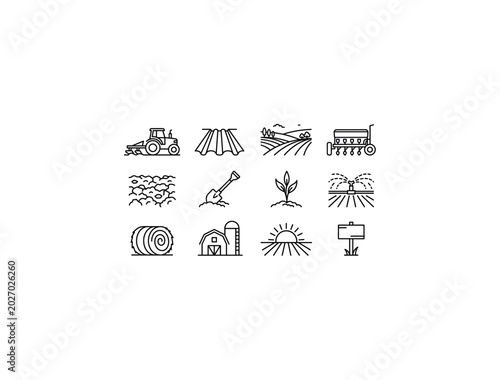 Plowed field. Line outline icon set of Plowed field: tractor plowing, furrow rows, farmland landscape, seed drill, soil texture, farming shovel, wheat sprout, irrigation system, hay bale, barn silo,