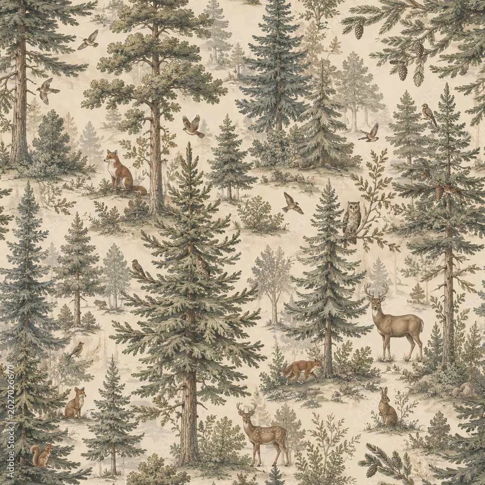 Fototapeta premium Seamless Vintage Forest Wildlife Pattern Wallpaper