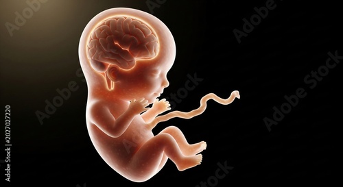 Illuminated fetus with developing brain and umbilical cord against a dark background