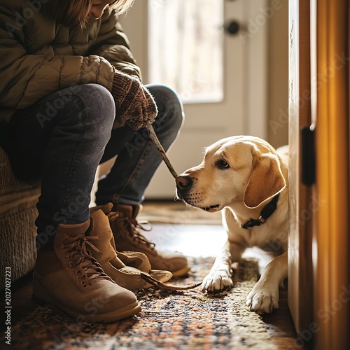 Labrador service dog helping child outdoors in nature high resolution picture