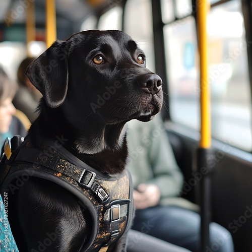 Labrador service dog traveling on city bus high resolution picture