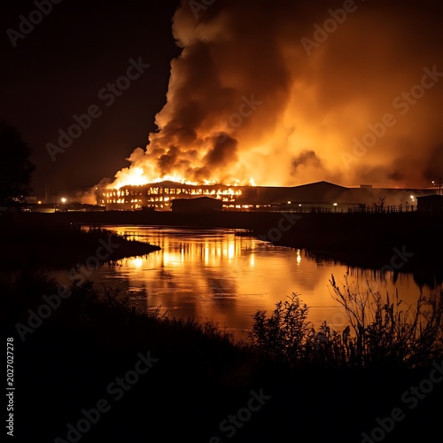 Large factory blaze with dramatic water reflection high resolution picture
