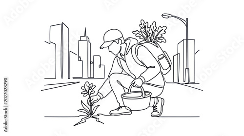Tableau sur toile Urban gardener planting flowers in city street crack, sustainable lifestyle conc