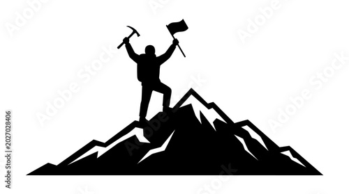 Tableau sur toile Silhouette of a climber with ice axe and flag on mountain peak, success, achieve