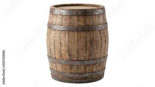 Fotografía Old oak wood barrel with iron hoops isolated on transparent background, used for wine, beer, rum or water