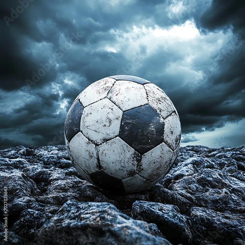 Lonely football ball on rocks beneath dramatic sky high resolution picture