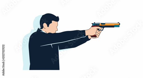 Stylized male figure in dark suit aiming a handgun, silhouetted