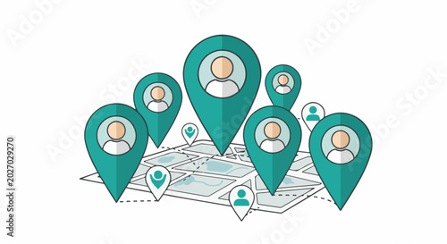 Stylized map with numerous teal location pins, each showing a simplified human icon