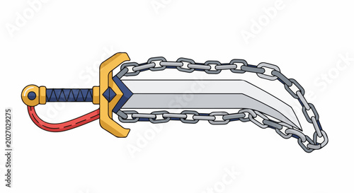 Stylized medieval sword with ornate golden hilt and chain links