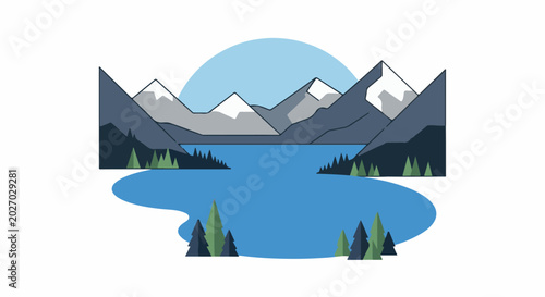 Stylized mountain and lake landscape with snow-capped peaks and evergreen trees