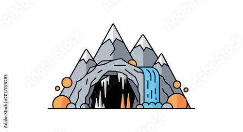 Stylized mountain cave with icicles, waterfall, and orange orbs