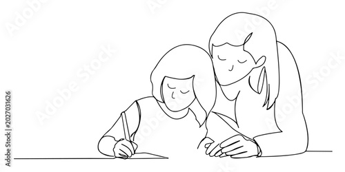 Konstfotografi Mom makes with daughter lessons drawn from the hand picture silhouette Line art vector illustration