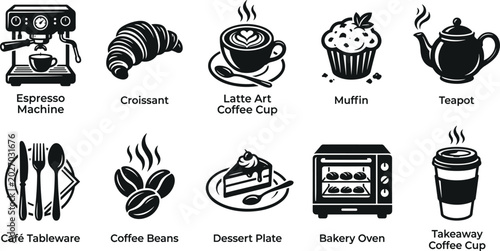 Coffee shop black silhouette icons set with text labels featuring espresso machine latte art bakery oven and takeaway cup vectors