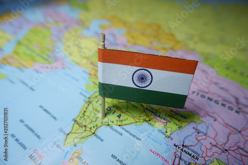 Quadro su tela Travel to India Concept with Miniature National Flag Pin on Map