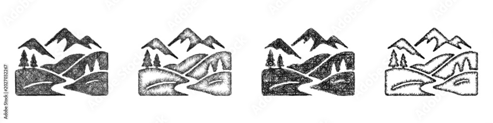 Obraz premium Monochrome sketch green valley icon design set