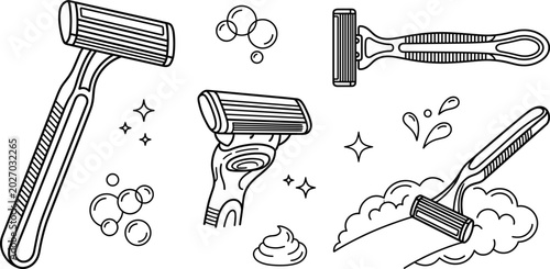Obraz na płótnie Disposable Razor Shaving Tool Line Art Icon Set with Cream Foam Lather Bubbles a