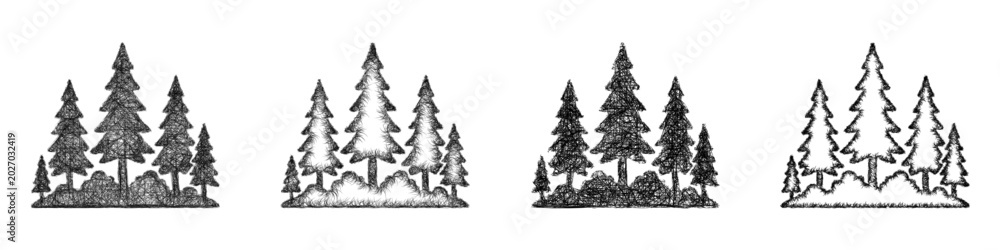 Obraz premium Sketch monochrome pine forest icon design set
