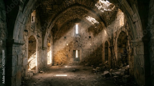 Empty Vaulted Stone Chamber in Ancient Palestinian Ruin with Sunlight Shafts